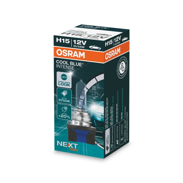 Osram COOL BLUE® INTENSE H15 NextGen. 3700K +100%, Halogen 12V, 1er Faltschachtel - 64176CBN