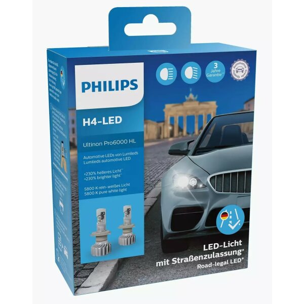 H4 12V 18W P43t Ultinon Pro6000 LED 5800K mit Straßenzulassung 2St. Philips